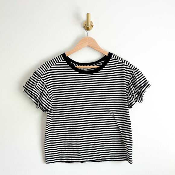 Madewell Ruffle-Sleeve Pullover Crew Neck Top Black/White XXS - Picture 1 of 10